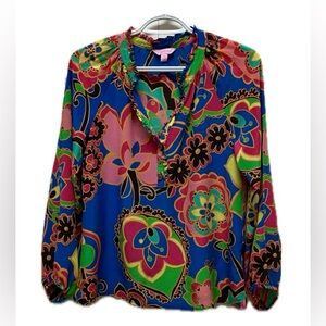 Lilly Pulitzer Elsa silk long sleeve blouse, rare Starry Blue Drama Queen XS